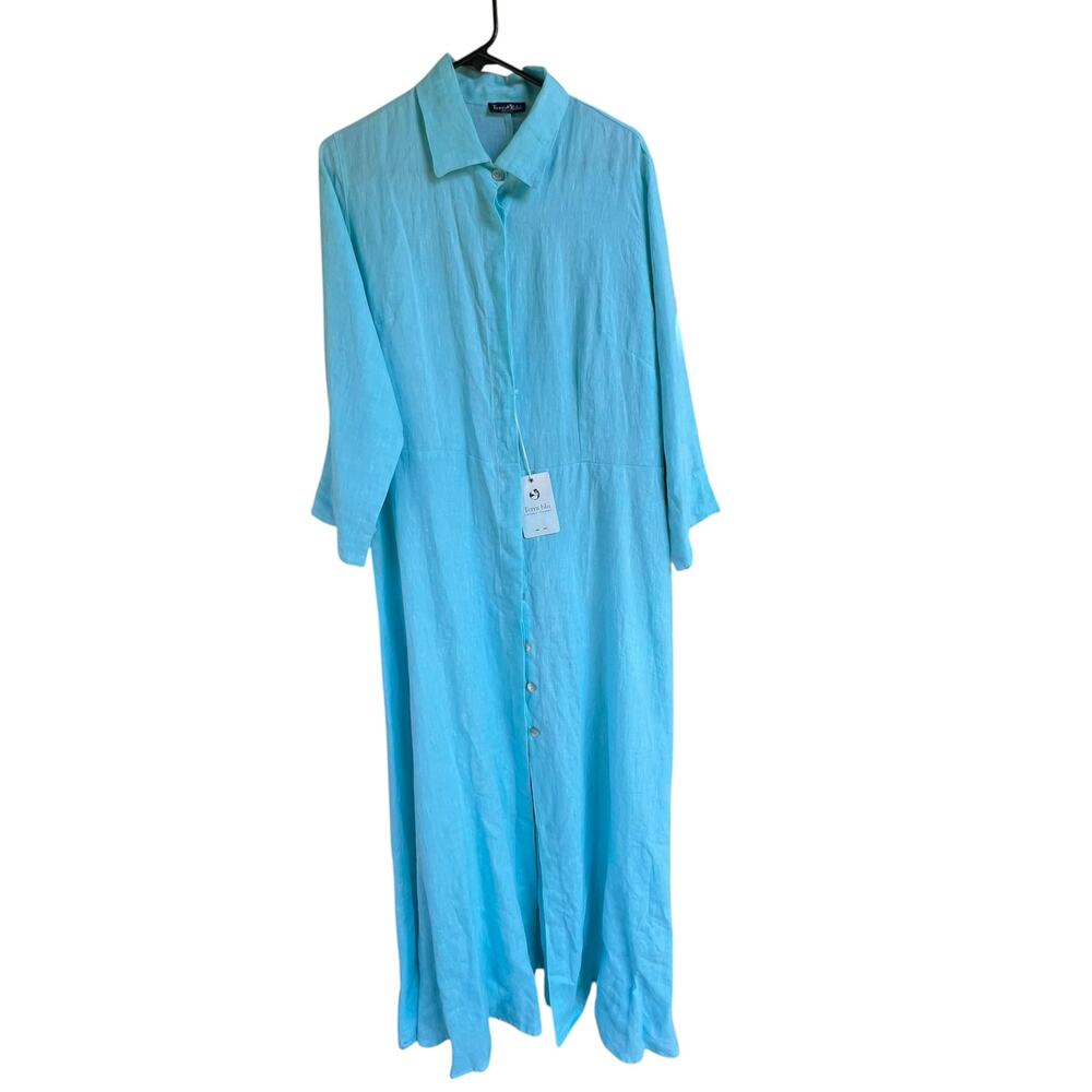 Terra Blu Made in Italy Dress One Size NEW Turquoise Linen Shirt Tie at Waist
